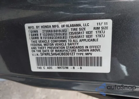 2012 Honda Odyssey Ex-L z USA, uszkodzony, nr VIN 5FNRL5H64CB030127